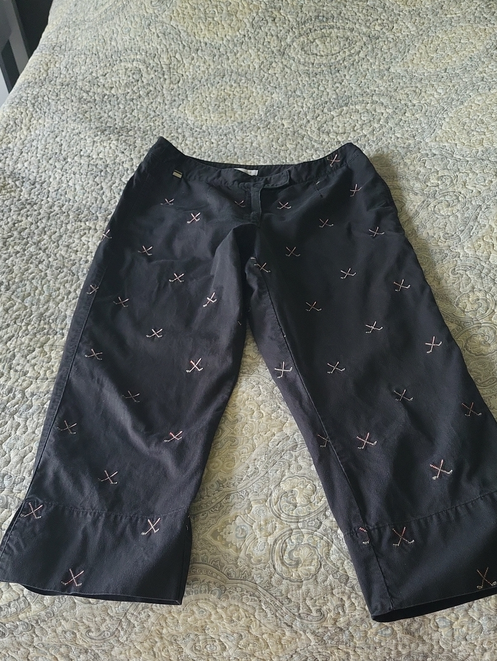 Women’s Black Cropped Capris with Red Embroidered Golf Accents